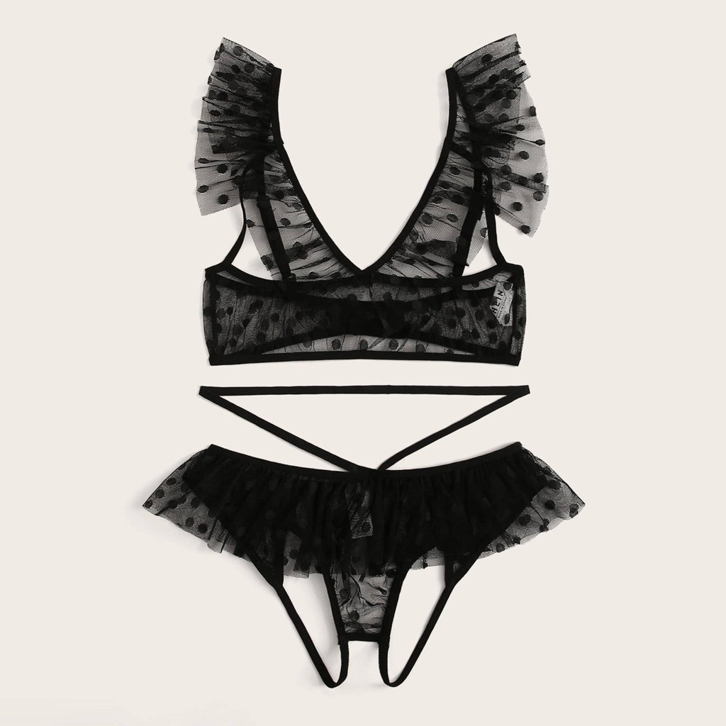 Ruffle Lace Bra Lingerie Set Women Transparent Hollow Out Bra Open Crotch Thongs Sets Sexy Exotic Underwear Sous Vetement Femme