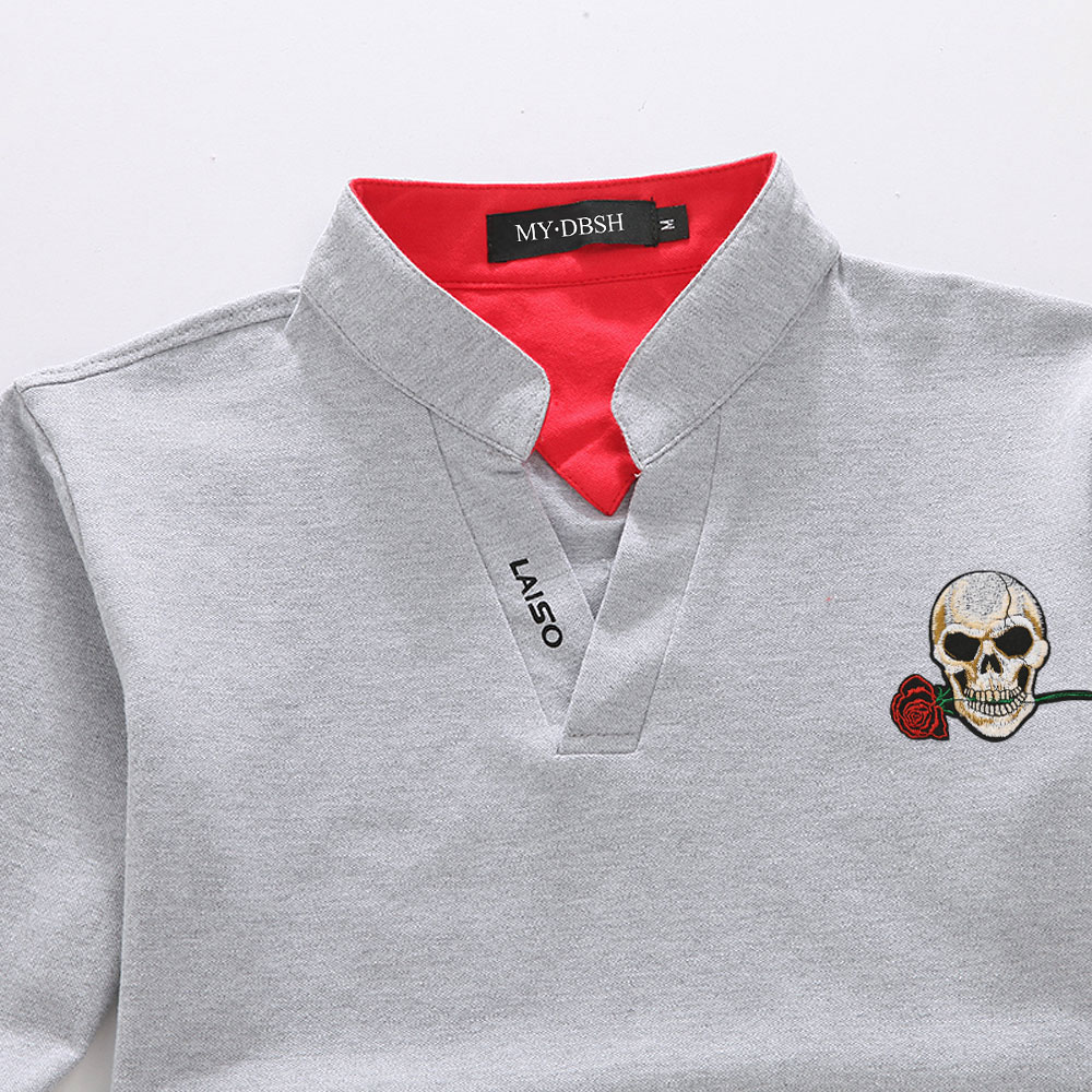 2020 Spring Long Sleeved Polo Shirts Men's Rose Skull Embroidery Jerseys Hip-hop Style Mans Polo Shirts Pollover Shirt Big Size