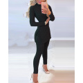 Winter Warm Solid Long Sleeve Slit Knitted Sweater With Skinny Long Pants Suit Women's Elegant 2 Piece Outfits Sets Leotard