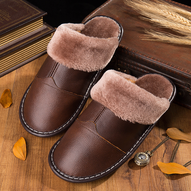 2020 Genuine Leather slippers shoes women Warm Winter Home Slippers Non-Slip Unisex women and men slippers plus size 45