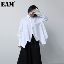 [EAM] Women white irregular hem big size Blouse New Lapel Long Sleeve Loose Fit Shirt Fashion Tide Spring Autumn 2021 1DB720