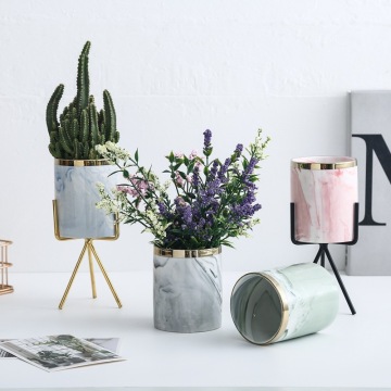High Grade Nordic Ins Marble Fleshy Flowerpot Iron Vase Ceramic Green Plant Gold Plating Flowerpot Set Pots for Plants