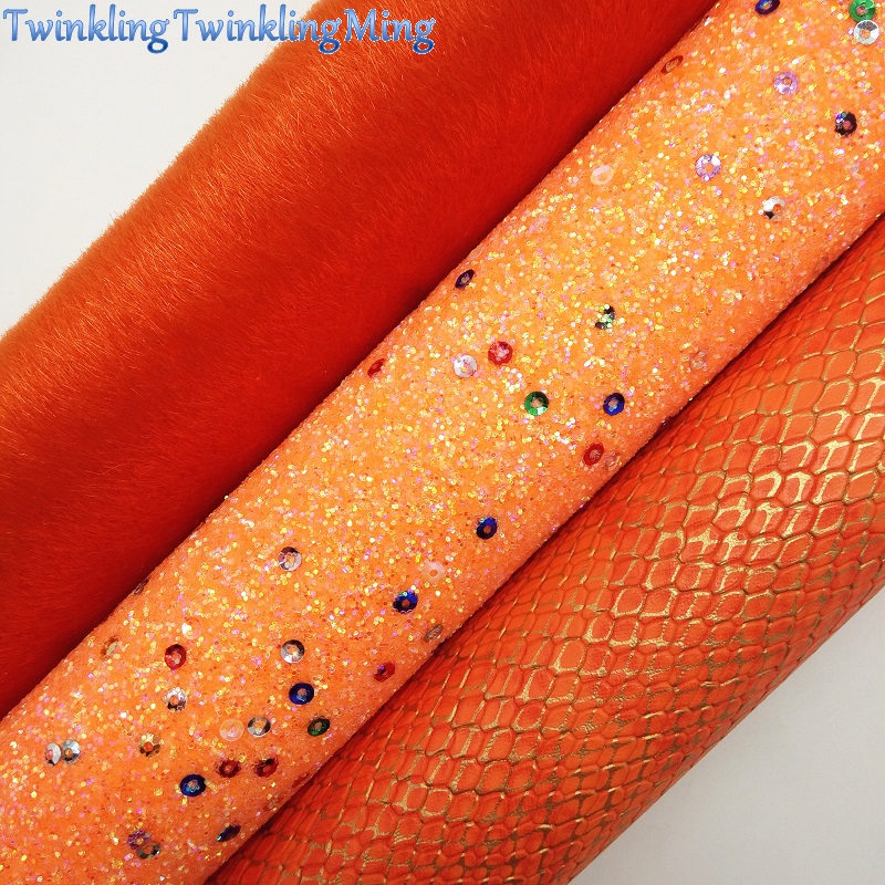 ORANGE Glitter Fabric with Sequins, Immitation Fur Fabric, Metallic Snake Leather Sheet For Bow A4 21x29CM Twinkling Ming XM001D