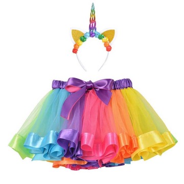 Children Summer Fashion Rainbow Tutu Skirts with Unicorn Hairband Baby Girls Tulle Skirt for 0-7T Christmas Tutu Gifts