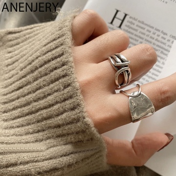 ANENJERY Fashion Width Surface Knot Winding Thai Silver Color Ring Open Finger Ring For Women Jewelry Gifts S-R740