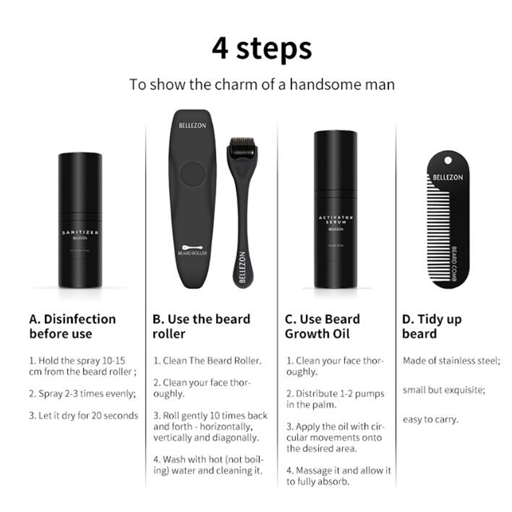 4 Pcs/set Beard Growth Kit Men's Hair Growth Enhancer Set Beard Growth Essentital Oil Facial Beard Care Set Best Gift for Men