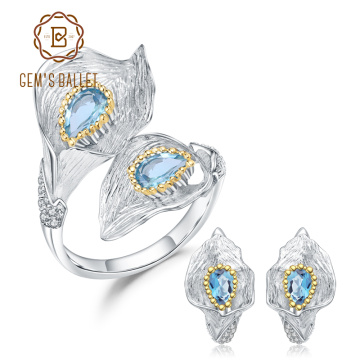 GEM'S BALLET 3.02Ct Natural Swiss Blue Topaz 925 Sterling Silver Handmade Callalily Leaf Ring Earrings Jewelry Sets For Women