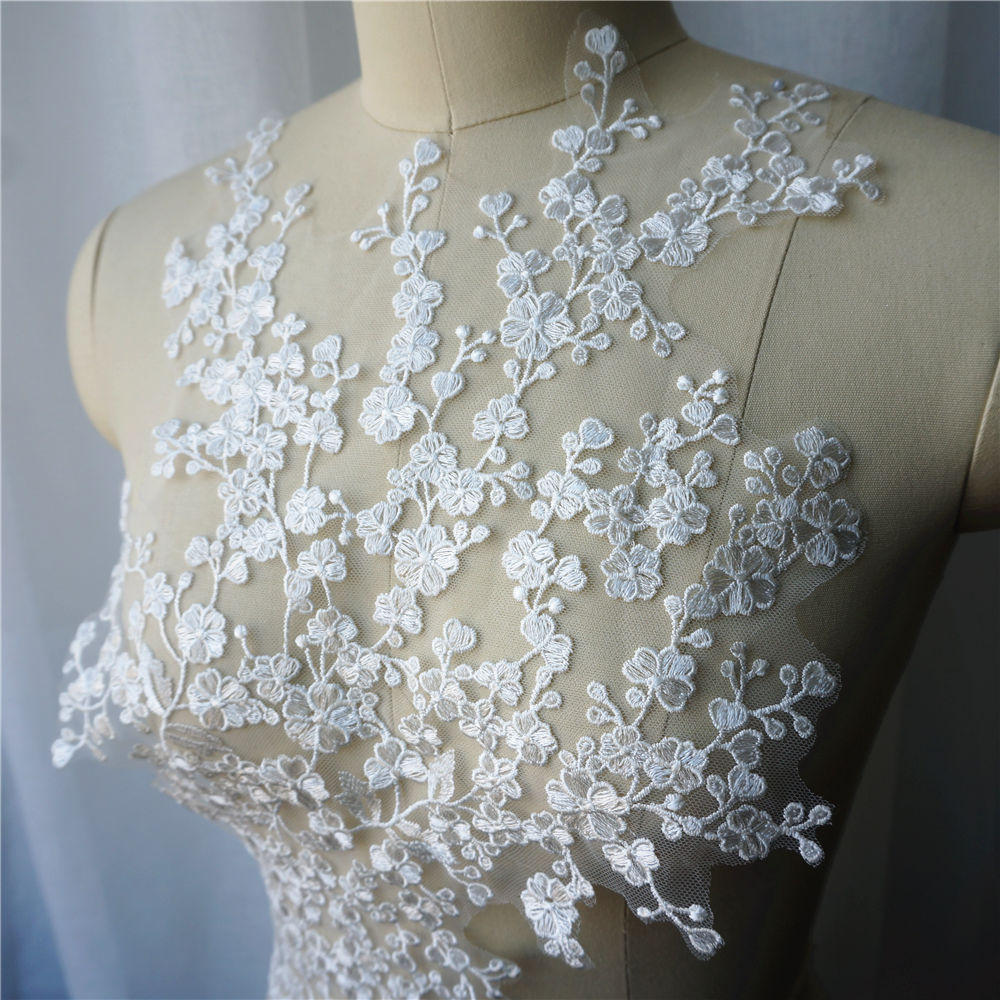 White Mini Flower Branch Lace Fabric Embroidered Gown Appliques Trims Collar Mesh Sew On Patch For Wedding Decoration Dress DIY