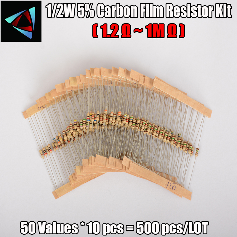 500PCS/LOT 50 Values 1/2W 0.5W 5% 1.2R-1M ohm Carbon Film Resistors Assorted Assortment Kit