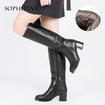 SOPHITINA New Hot Sale Knee-High Women Boots High Quality Cow Leather Elegant Round Toe Suqare Heel Shoes Short Plush Boots BA18