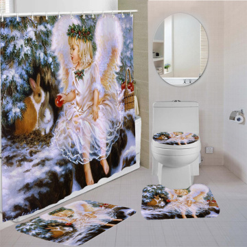 Europe Artistic 3D Print Ancient Art Shower Curtains Sets Angel Oil Painting Carpet Gift Kids Toilet Mat Bathroom Set 3/4Pieces