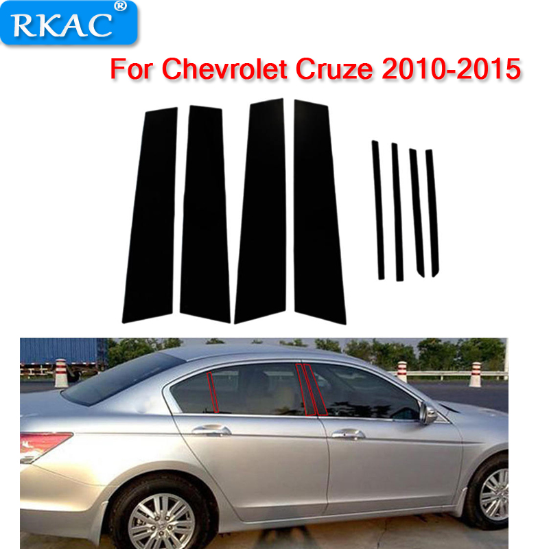 RKAC 8pc Mirror Effect Window Center Pillar Cover Trim fit For Chevrolet Cruze 2010-2015 Middle BC column sticker For Chevrolet