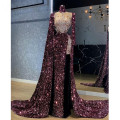 Modern Luxury Purples Moroccan Dresses Sparkle Sequined Beaded Long Mermaid Prom Dresses Sleeves Split Islamic Party Dresses