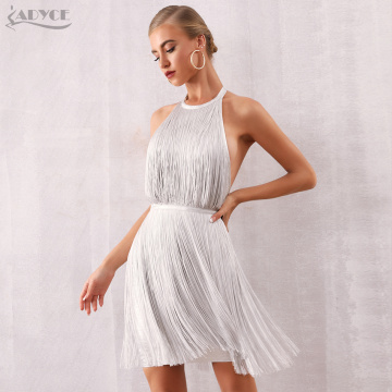 Adyce Women Tassel Bandage Dress Vestidos 2021 New Summer Sexy Celebrity Evening Party Dress White Mini Halter Fringe Club Dress