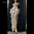 Stage Performance Outfit Feather Rhinestone Dress Nightclub Party Celebration Women Elastic Sleeveless High Slit Prom Dress