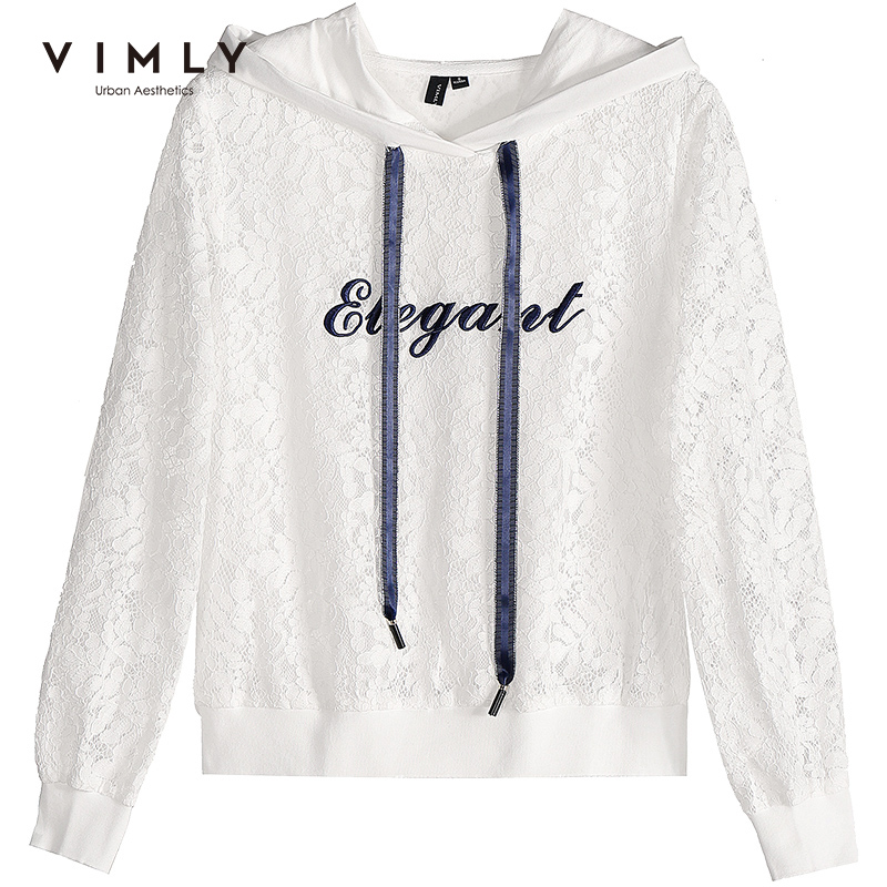 Vimly Spring Autumn Women Hoodie Sweatshirt Vintage Hooded Letter Print Lace Patchwork Casual Pullover Top Feminino 96555