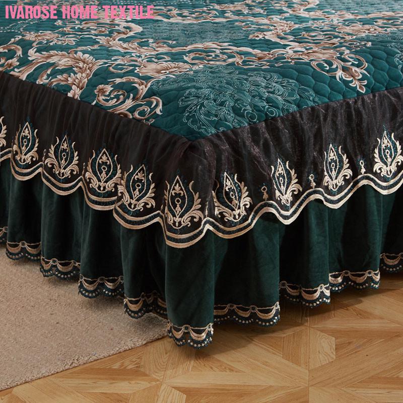 Luxury Velvet Quilted Fitted Bed Sheet Bedspread 3 Side Coverage 17 inch Drop Dust Ruffle Lace Bed Skirt Pillow shams 3/5Pcs