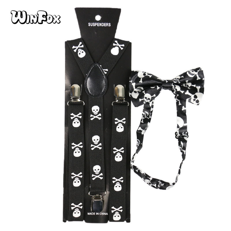 Winfox Vintage Black White 2.5cm Wide Skull Suspenders Bowtie Brace Women Men