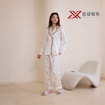 Neutral Botanical Pattern Loungewear Set with Contrast Trim