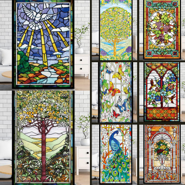 Frosted Privacy Window Film Stained Glass Film Retro European Church Style Colorful Window Stickers Shower Bathroom Glass Film