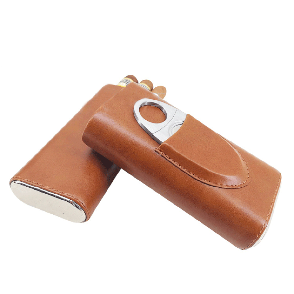 Cigar Case Leather Gadget Cedar Cigar Travel Case Humidor Holder 3 Tube With Cigar Cutter And Gift Box For Men Gift