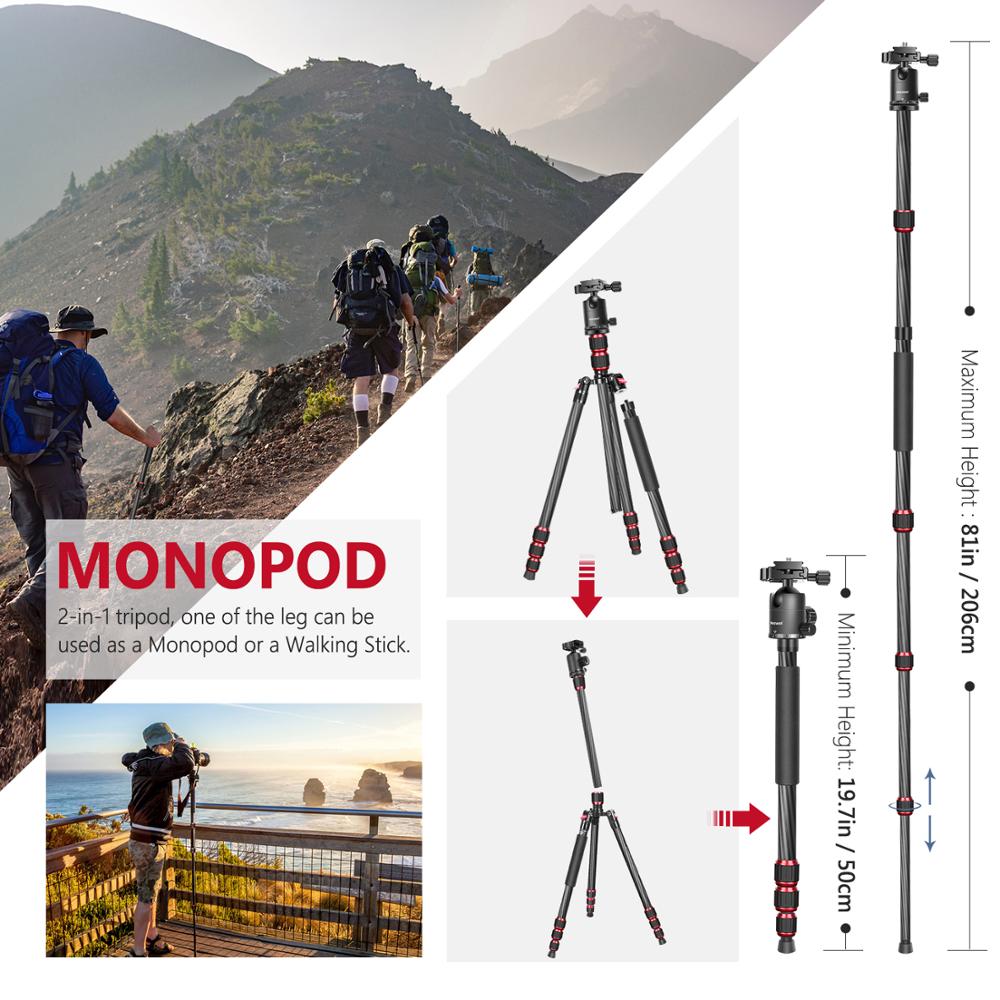 Neewer 79 Inches Carbon Fiber Camera Tripod Monopod with 2 Center Axis, 360 Degree Ball Head, 1/4 inch Quick Shoe Plate and Bag