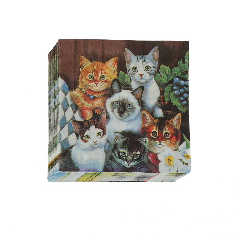 20sheet/bag Cartoon Disposable Napkin Cat Print Serviettes paper Party Tableware Decor 33cmx33cm