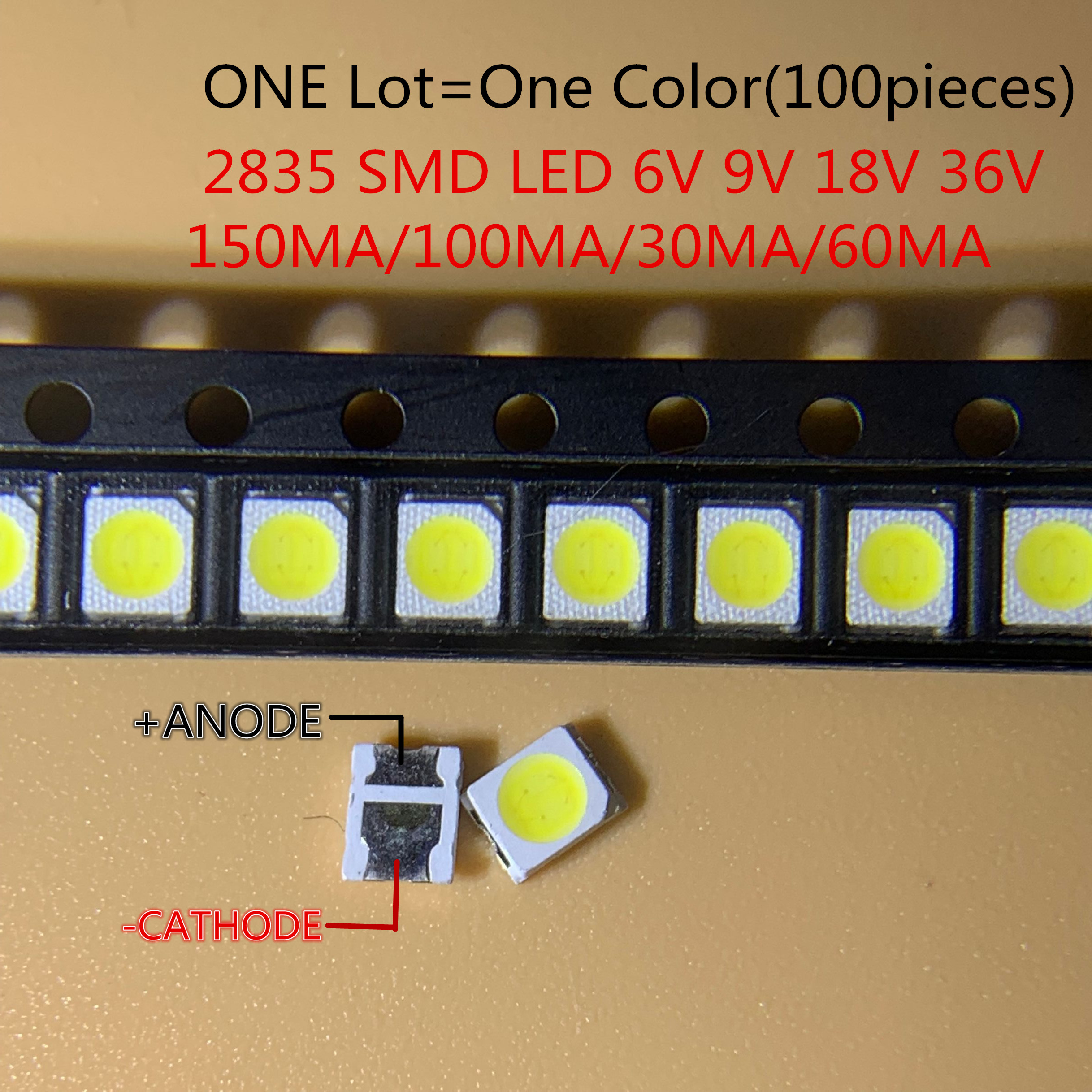 High Brightness SMD LED 2835 1W White 100PCS/Lot 3v 6V 9V 18V 36V 150MA/100MA/30MA/60MA/350ma
