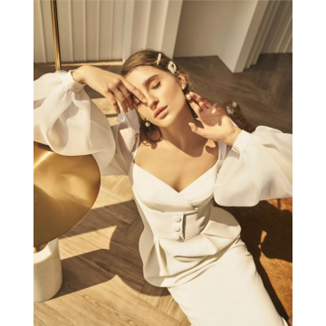 Elegant Ivory Cocktail Dresses 2020 Long Sleeve Sheath Knee Length Satin Simple Women Formal Party Prom Gown Robe De Cocktail