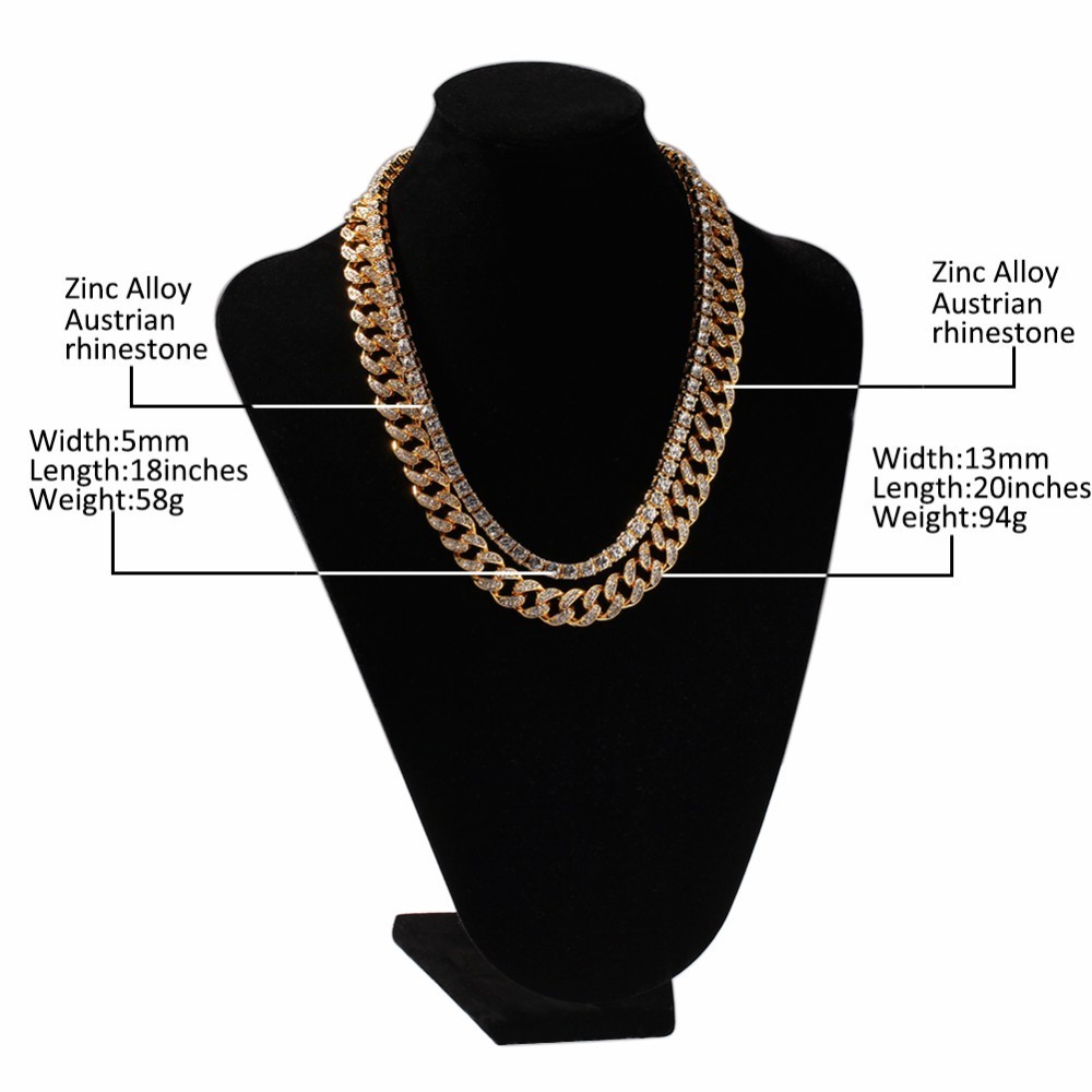 UWIN 2 Necklaces Fashion Hiphop Jewelry 13mm Cuban Link Chain With 5mm Iced Out Rhinestones Tennis Chains Gold Color Necklace