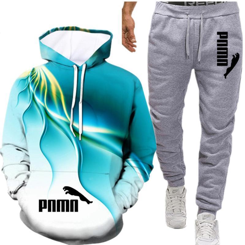 2020 3D new men's winter running sportswear suit sweatshirt sweatpants training hoodie and pants 2-piece outdoor sportswear jack