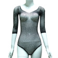 Sexy Women Long Sleeve Fishnet Rhinestone Bodysuit Leotard Tops Swimsuit Hollow Out Off Shoulder See Through Playsuit Jumpsuit