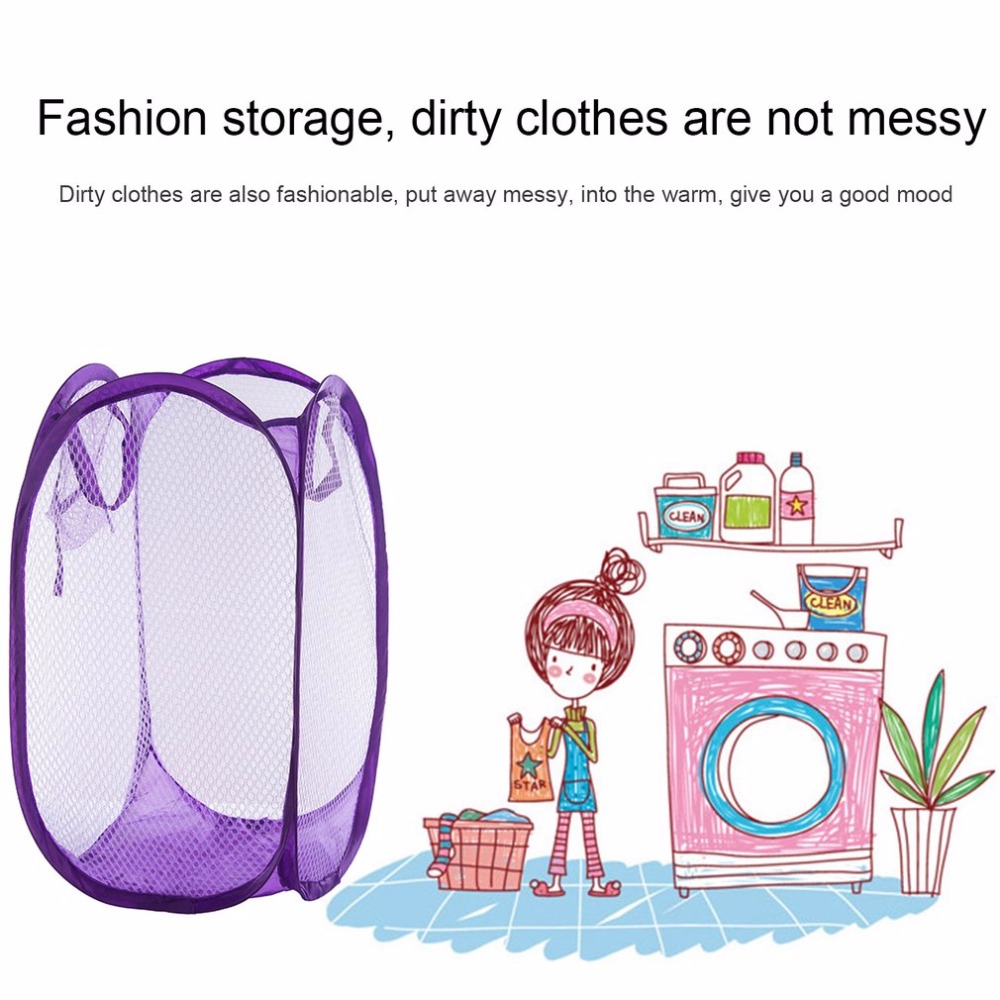 Foldable Practical Pop Up Washing Clothes Laundry Basket Solid Color Mesh Dirty Clothes Storage Basket Bag For Household Using