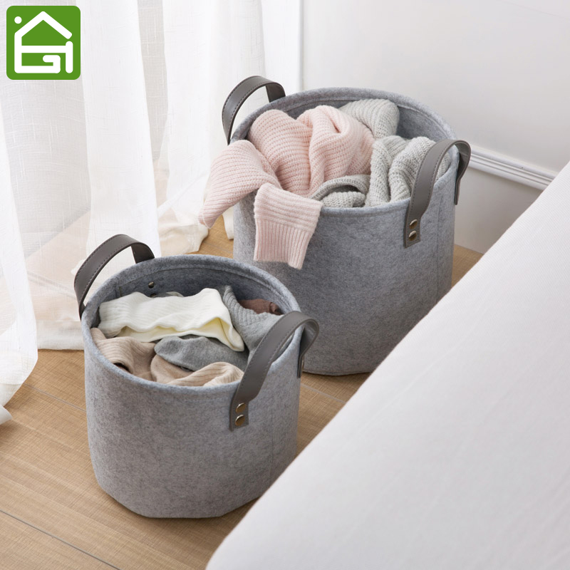 Grey Felt Storage Basket Bedroom Closet Clothing Toy Storage Bin with Handle