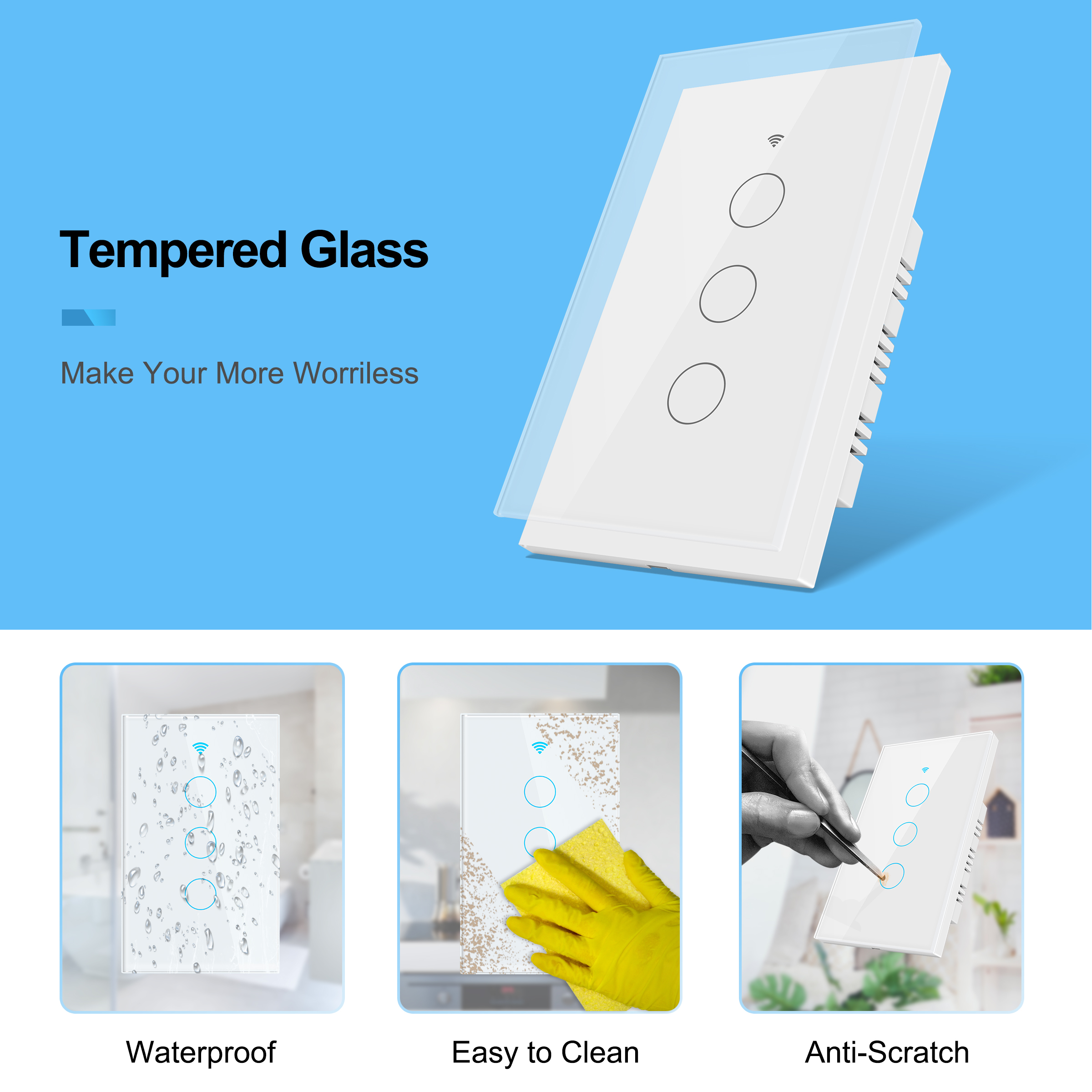 Tuya Smart Wifi Touch Light Switch US, Smart Home Wall Switch 1 2 3 Gang with Sensitive Touch Panel, Work with Alexa Google Home