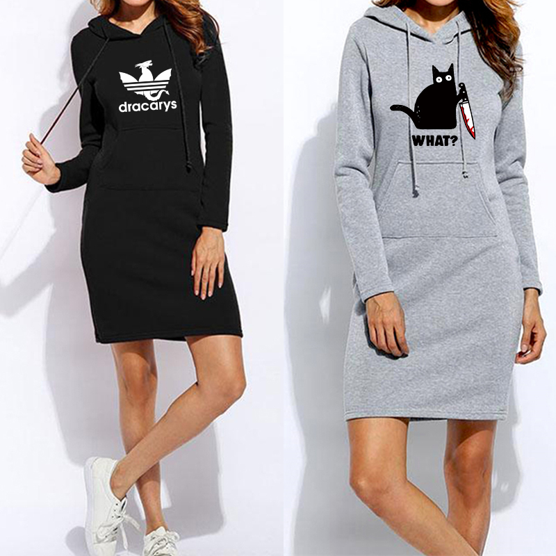 Funny Print Women Hoodies Sweatshirts Long Sleeve Dress Vestidos Winter Woman Clothing Hooded Drawstring Pocket Pullover Dresses