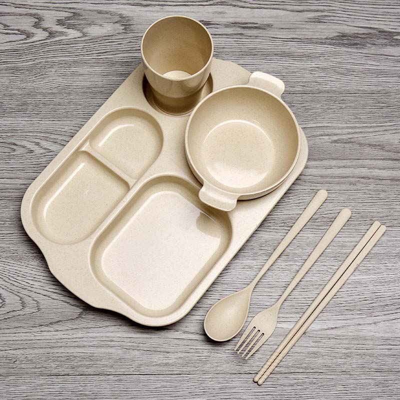 6pcs/set Wheat Straw School Tableware Set Biodegradable Student Bento Box Food Container Case Fiambrera