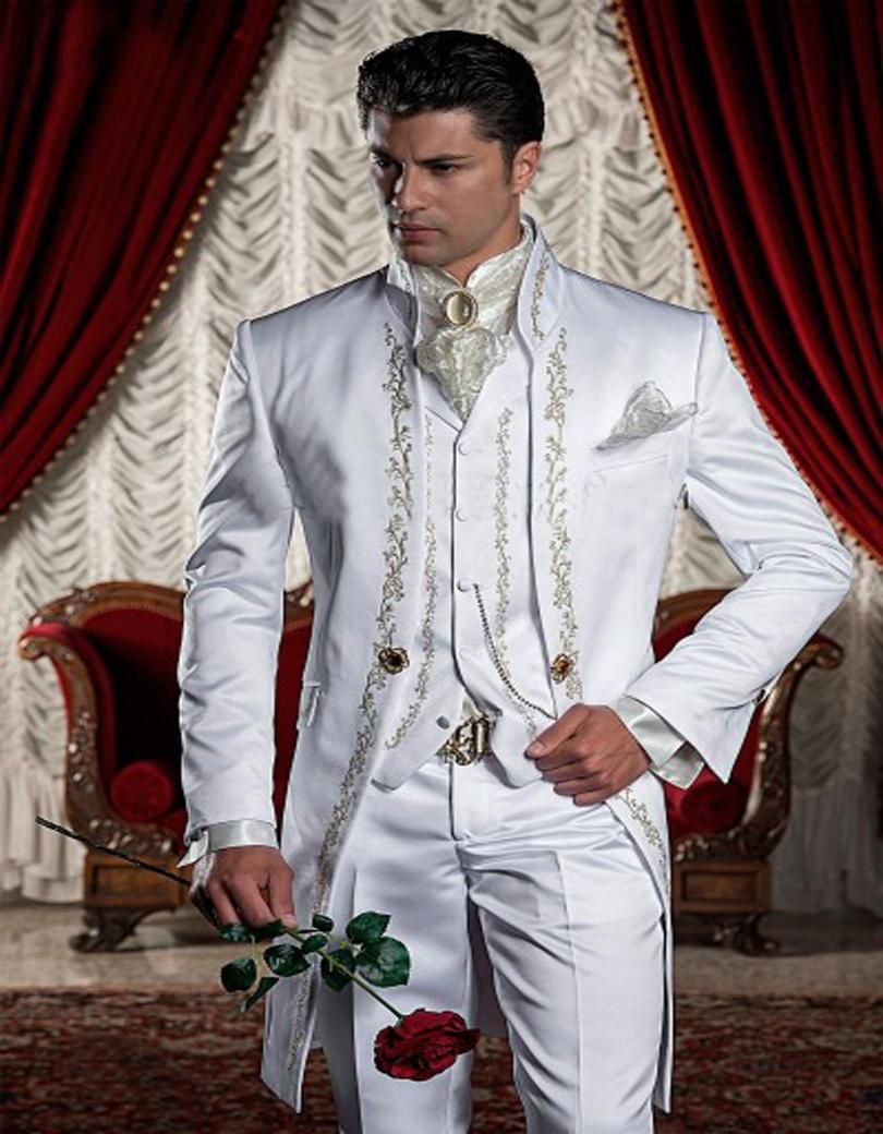 Custom Made White Embroidery Groom Tuxedos Stand Collar Groomsmen Blazer Man Wedding Suits Jacket+Pants+Vest+Tie+Handkerchief