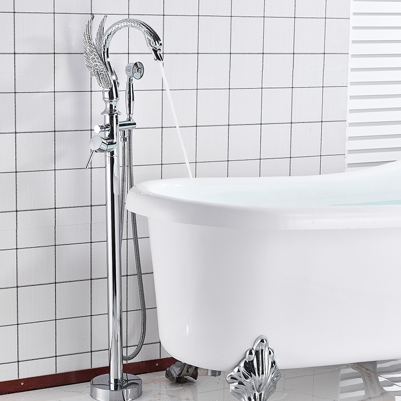 Swan Shape Spout Bathtub Faucet Freestanding Bathroom Bath Tub Mixer Tap Single Handle With Handshower Floor Mounted Bath Shower