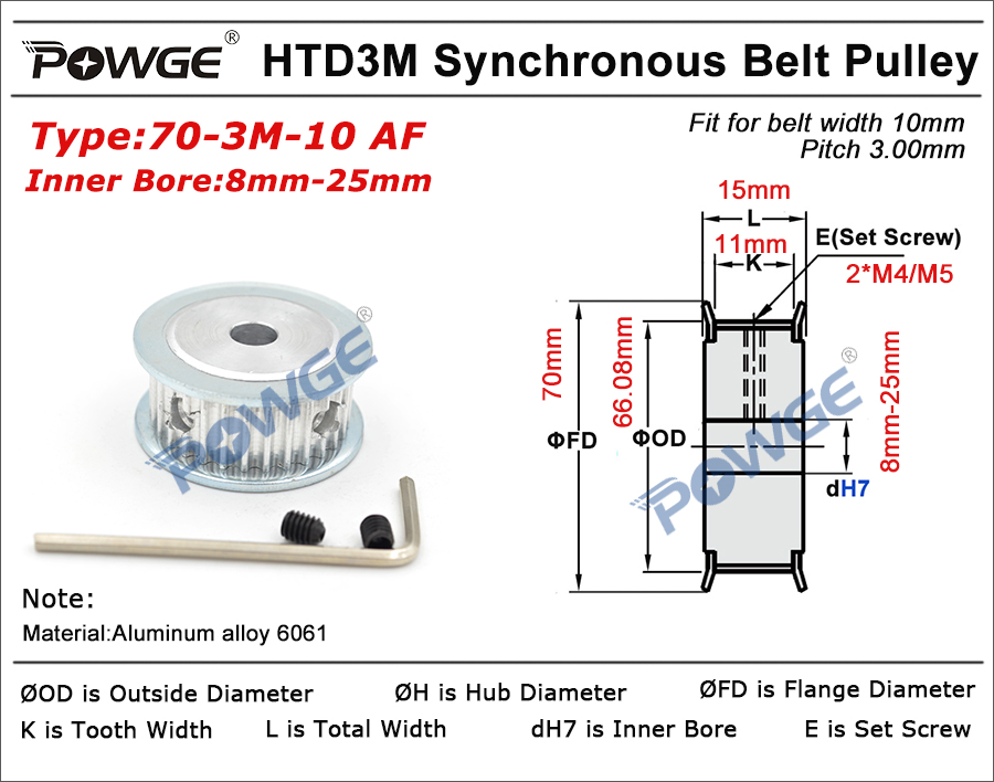 POWGE 70 Teeth HTD 3M Synchronous Pulley Bore 8/10/12/14/15/16/17/19/20/25mm for Width 10mm HTD3M Timing belt pulley 70T 70Teeth