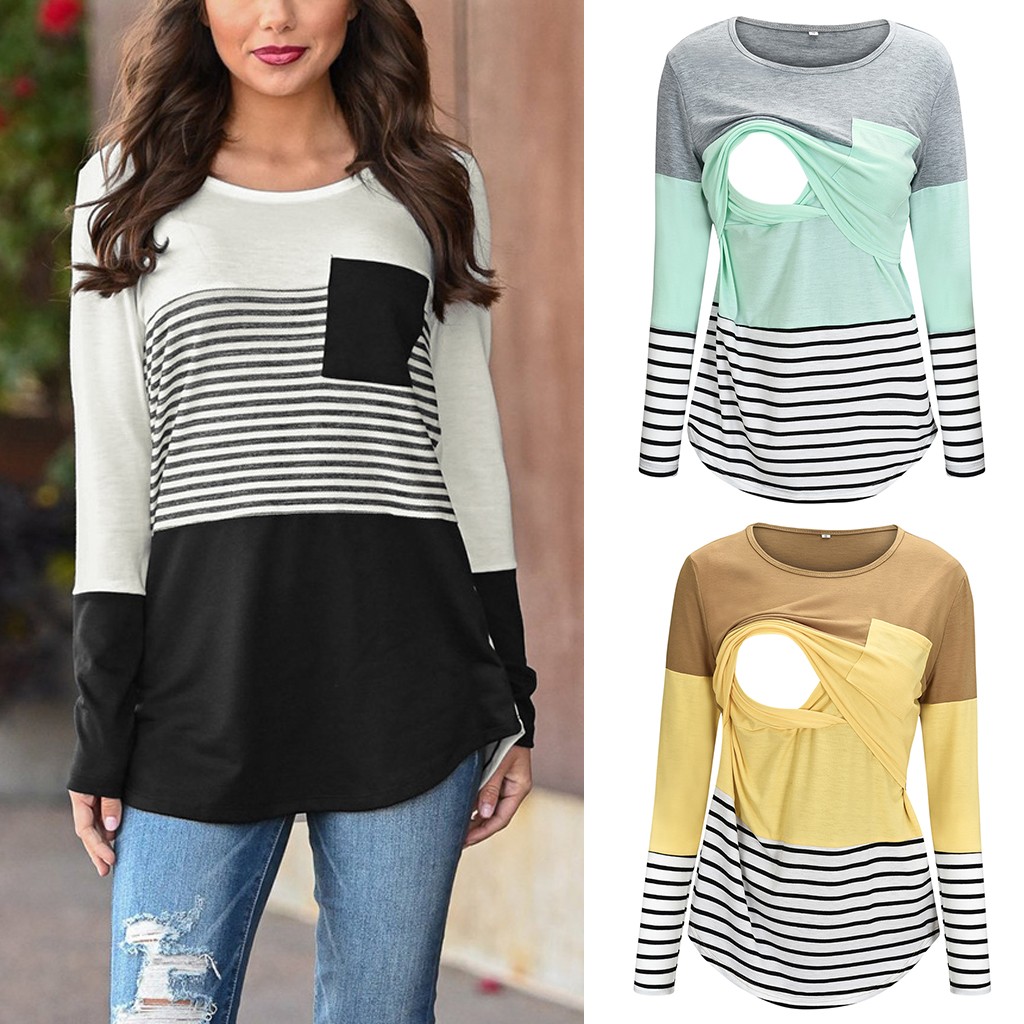 vetement femme Women Maternity pregnant tops and blouses Fall Winter Long Sleeve Striped Nursing Tops T-shirt For Breastfeeding