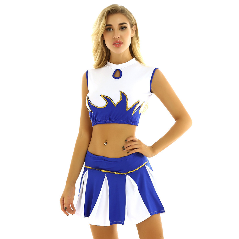 Women Adult Cheerleading Uniform Stage Performance Team Dance Costume Mock Neck Sleeveless Crop Top with Pleated Skirt Outfit