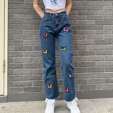 Women's Jeans Straight Pants Woman Cowboy Female Loose Long Trousers Casual Jeans Streetwear Butterfly Embroidered Denim Pants
