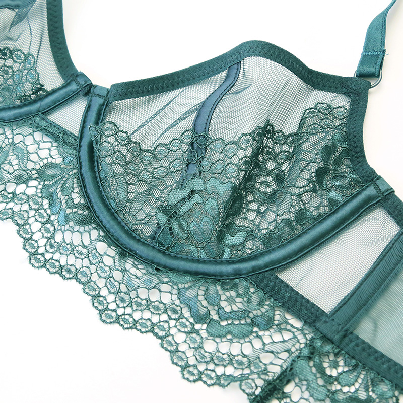 Lace ultra-thin sexy transparent thong underwear set bra thin dark green breast slimming