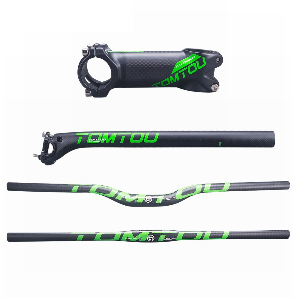 TOMTOU Matte Green Cycling Mountain Bike Handlebar Set 3K Carbon Fiber MTB Bicycle Handlebars + Seatpost + Stem - TG1T23