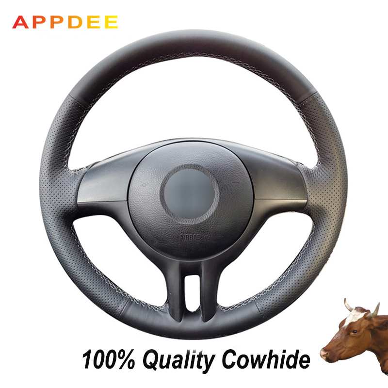 APPDEE Black Genuine Leather Hand-stitched Car Steering Wheel Cover for BMW E39 E46 325i E53 X5