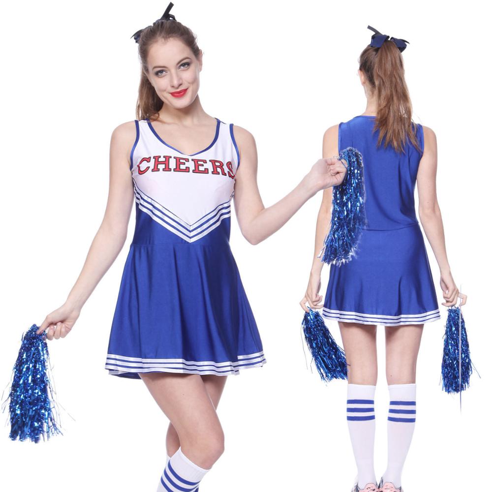 Women Girls Cheerleader Costume Cheer Uniform School Musical Party Halloween Costume Fancy Dress Sports Uniform With Pom Poms