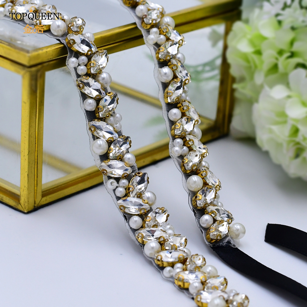 TOPQUEEN S383-G Gold Rhinestone Beads Bridal Belt Pearl Wedding Dress Belt Gold Diamond Thin Womens Dress Belt Formal Wear Belts