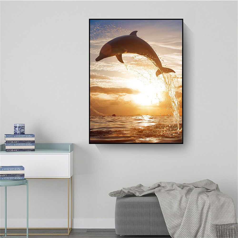 Ocean Dolphin Poster Seascape Sunset Landscape Canvas Painting Wall Art Picture for Bedroom Kids Room Modern Home Decoration