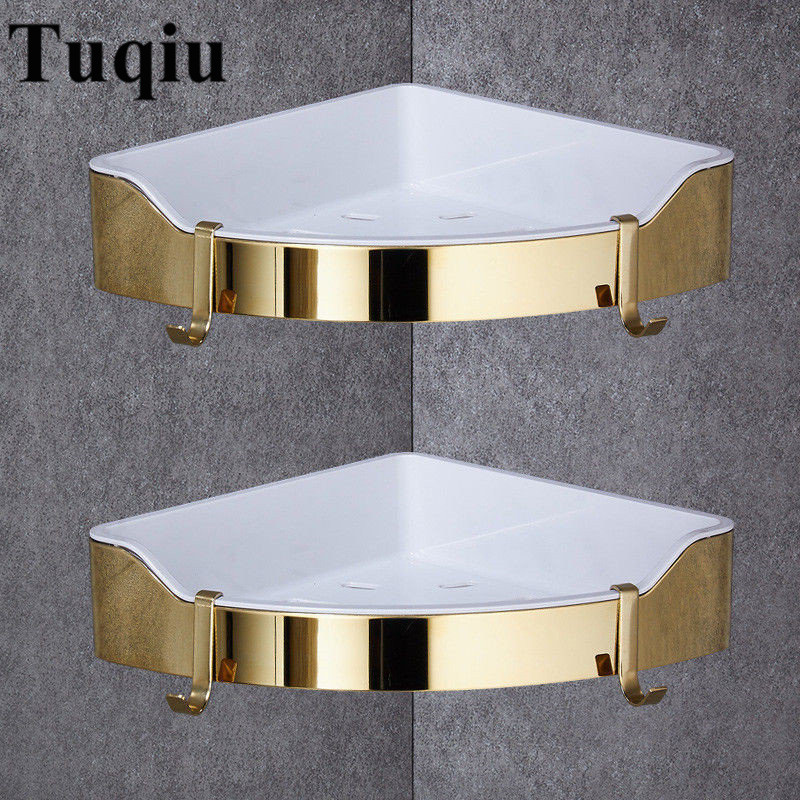 Corner Shelf Golden Stainless Steel + ABS Bathroom Shelves Chrome Wall Mount triangle Shower Caddy Rack Bath Accessories